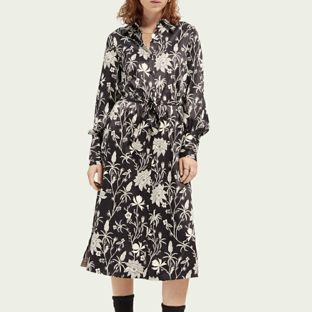 Scotch & Soda Atterly Black and white floral "silk" shirt dress.